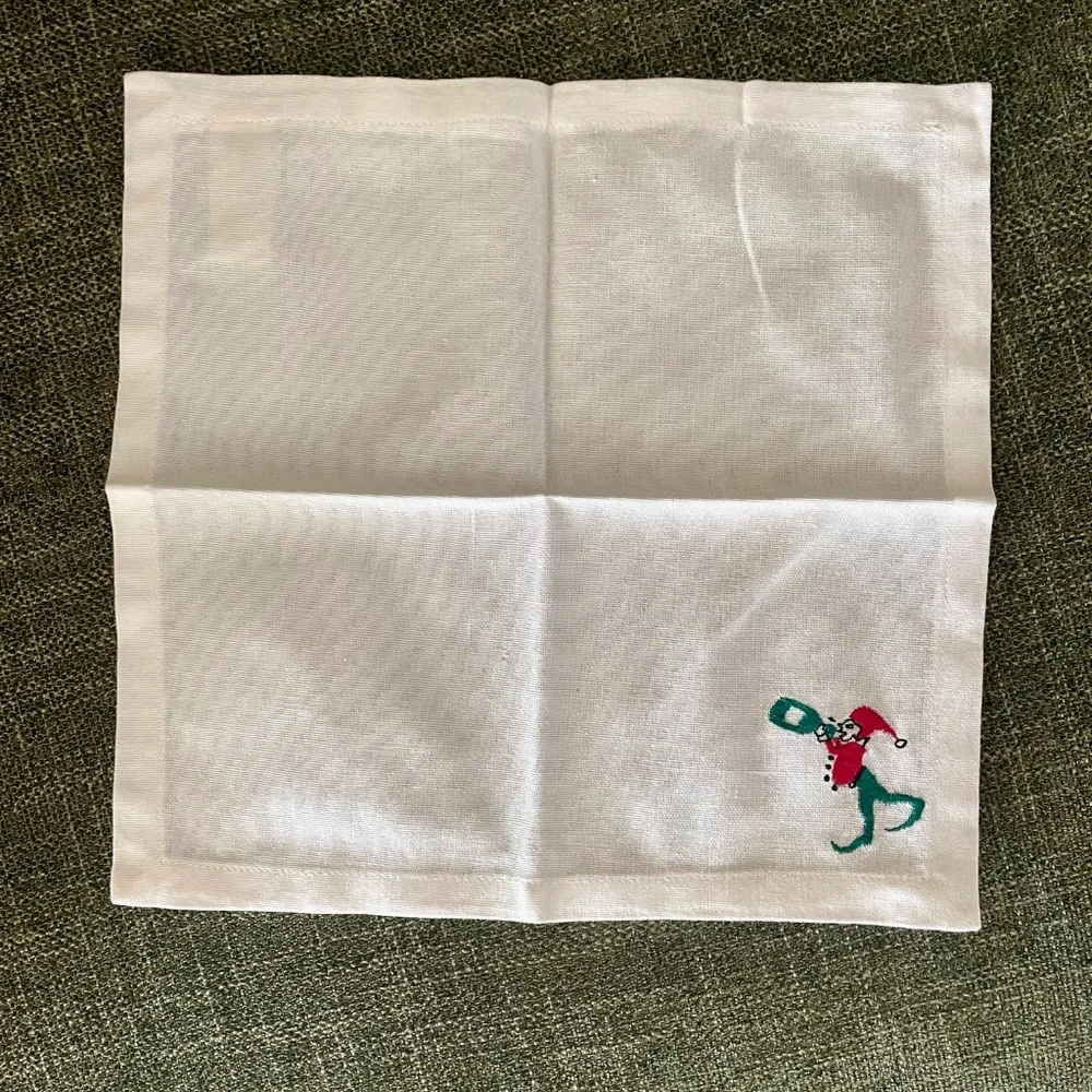 Linen Napkins from RH featuring an embroidered elf